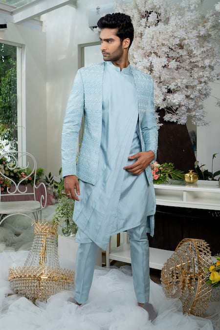 Green Kurta with Nehru Jacket and Off White Pants – Curato