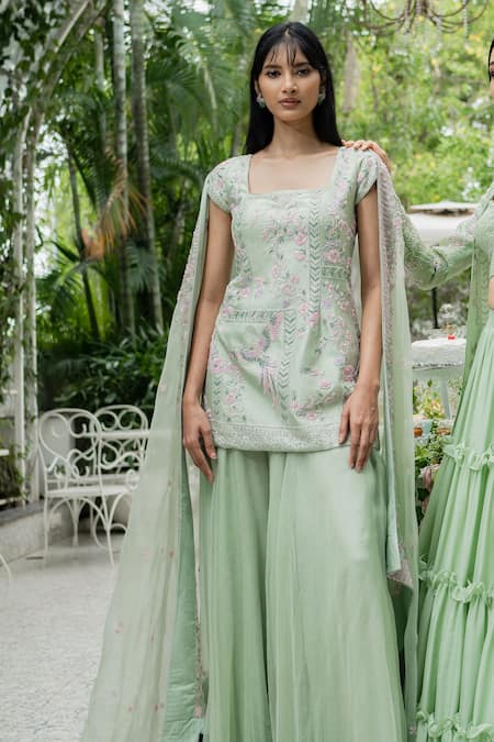 Varun Chakkilam Green Silk Organza Cutdana And Sequin, Bugle Beads Embroidered Kurta Palazzo Set 