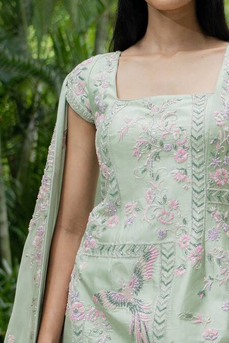 Varun Chakkilam_Green Silk Organza Cutdana And Sequin, Bugle Beads Embroidered Kurta Palazzo Set _Online_at_Aza_Fashions