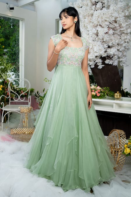 Shop_Varun Chakkilam_Green Silk Organza Cutdana And Sequin, Bugle Beads Scoop Layered Asymmetric Gown _at_Aza_Fashions