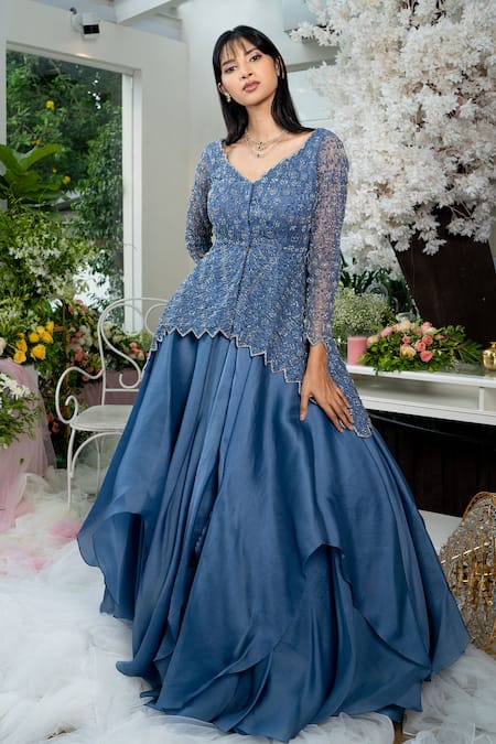 Buy Varun Chakkilam Green Silk Organza Peplum Top And Skirt Set Online   Aza Fashions