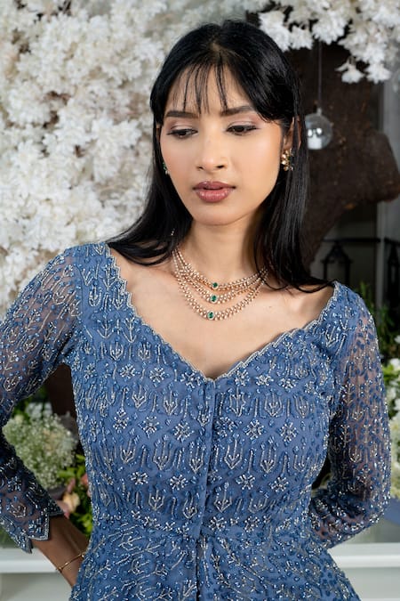 Varun Chakkilam_Blue Silk Organza Bugle Beads V Neck Peplum Top And Skirt Set_Online_at_Aza_Fashions