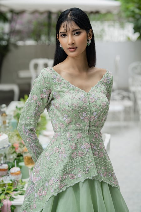 Buy_Varun Chakkilam_Green Silk Organza Bugle Beads V Neck Peplum Top And Skirt Set_Online_at_Aza_Fashions