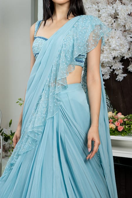 Varun Chakkilam_Blue Silk Organza Bugle Beads, Cutdana And Pre-draped Ruffle Saree With Blouse_Online_at_Aza_Fashions
