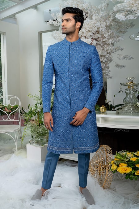 Varun Chakkilam Blue Twill Silk Embroidery Bugle Beads Sherwani And Pant Set  