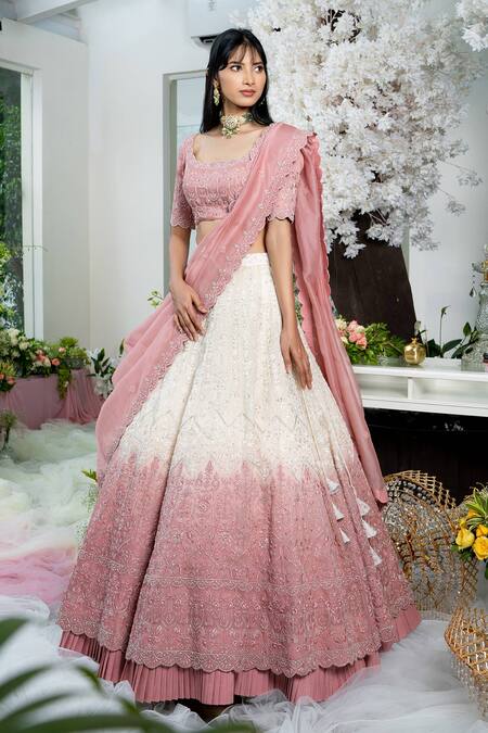 Shop Varun Chakkilam Beige Silk Organza Bugle Beads And Thread Scoop Embroidered Bridal Lehenga Set at Aza Fashions Shop_Varun Chakkilam_Beige Silk Organza Bugle Beads And Thread Scoop Embroidered Bridal Lehenga Set_at_Aza_Fashions