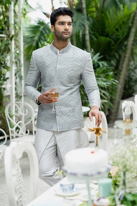 Shop Varun Chakkilam Grey Raw Silk Bugle Beads And Thread Embroidered Bandhgala & Kurta Set at Aza Fashions Shop_Varun Chakkilam_Grey Raw Silk Bugle Beads And Thread Embroidered Bandhgala & Kurta Set _at_Aza_Fashions