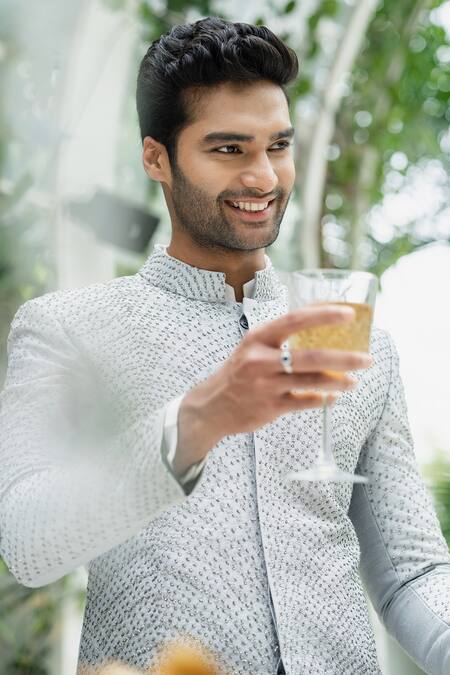 Varun Chakkilam Grey Raw Silk Bugle Beads And Thread Embroidered Bandhgala & Kurta Set Online at Aza Fashions Varun Chakkilam_Grey Raw Silk Bugle Beads And Thread Embroidered Bandhgala & Kurta Set _Online_at_Aza_Fashions