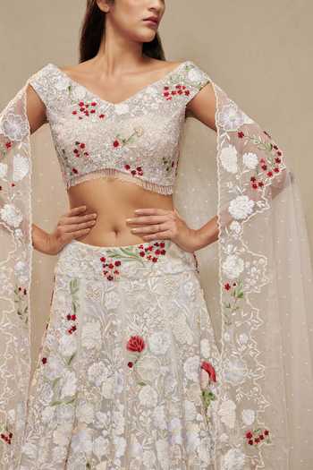 Buy_Shriya Som_White Tulle Floral Motifs V Neck Embroidered Bridal Lehenga Set_Online_at_Aza_Fashions