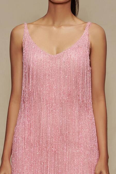 Shriya Som_Pink Tulle Tassel Scoop Neck Fringe Dress_Online_at_Aza_Fashions