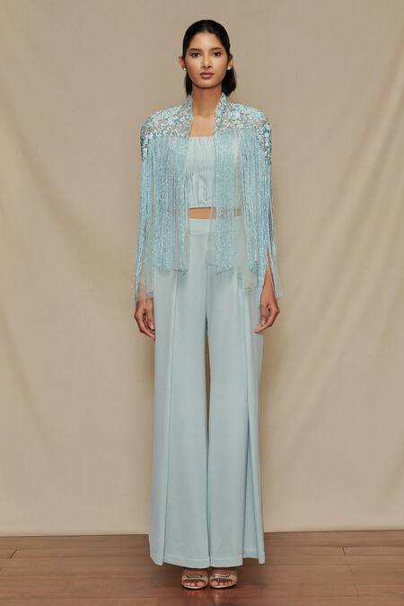 Shriya Som Blue Tulle Tassels Fringe Cape