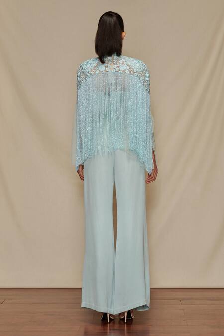 Shop Shriya Som Blue Tulle Tassels Fringe Cape at Aza Fashions Shop_Shriya Som_Blue Tulle Tassels Fringe Cape_at_Aza_Fashions