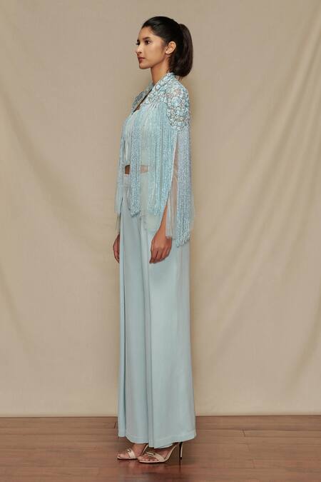 Shriya Som Blue Tulle Tassels Fringe Cape Online at Aza Fashions Shriya Som_Blue Tulle Tassels Fringe Cape_Online_at_Aza_Fashions