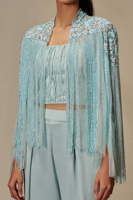 Buy Shriya Som Blue Tulle Tassels Fringe Cape Online at Aza Fashions Buy_Shriya Som_Blue Tulle Tassels Fringe Cape_Online_at_Aza_Fashions