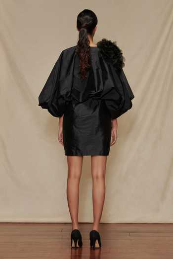 Shop Shriya Som Black Taffeta Floral Motifs 3d Embellished Draped Dress at Aza Fashions Shop_Shriya Som_Black Taffeta Floral Motifs 3d Embellished Draped Dress_at_Aza_Fashions