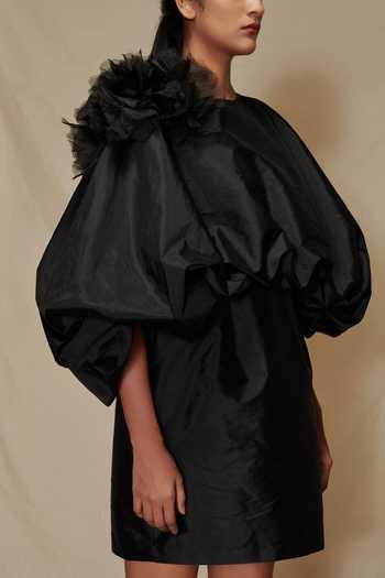 Shriya Som Black Taffeta Floral Motifs 3d Embellished Draped Dress Online at Aza Fashions Shriya Som_Black Taffeta Floral Motifs 3d Embellished Draped Dress_Online_at_Aza_Fashions
