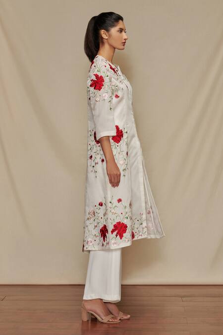 Shriya Som_White Organza, Crepe Floral Motifs Notched Embroidered Jacket And Pant Set_Online_at_Aza_Fashions