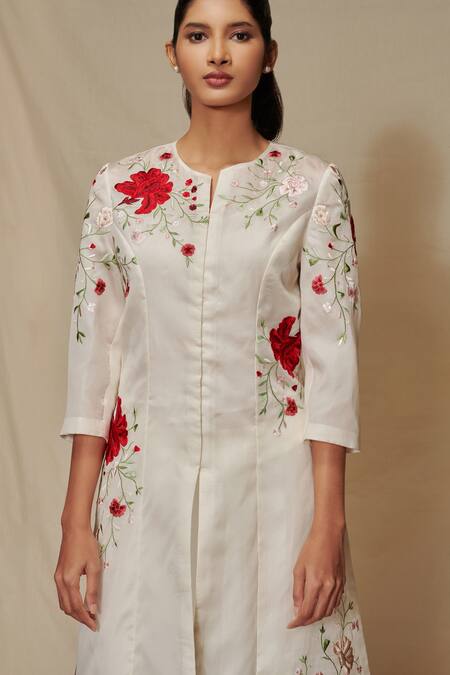 Shop_Shriya Som_White Organza, Crepe Floral Motifs Notched Embroidered Jacket And Pant Set_Online_at_Aza_Fashions