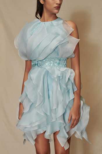 Buy_Shriya Som_Blue Organza Round Ruffle Dress_Online_at_Aza_Fashions