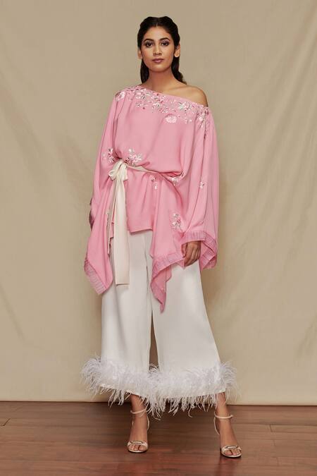 Buy Shriya Som Pink Crepe Georgette Floral Motifs One Shoulder Embroidered Kaftan Top at Aza Fashions Buy_Shriya Som_Pink Crepe Georgette Floral Motifs One Shoulder Embroidered Kaftan Top _at_Aza_Fashions