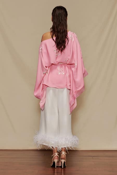 Shop Shriya Som Pink Crepe Georgette Floral Motifs One Shoulder Embroidered Kaftan Top at Aza Fashions Shop_Shriya Som_Pink Crepe Georgette Floral Motifs One Shoulder Embroidered Kaftan Top _at_Aza_Fashions