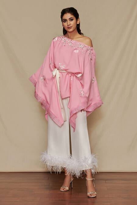 Shriya Som Pink Crepe Georgette Floral Motifs One Shoulder Embroidered Kaftan Top Online at Aza Fashions Shriya Som_Pink Crepe Georgette Floral Motifs One Shoulder Embroidered Kaftan Top _Online_at_Aza_Fashions