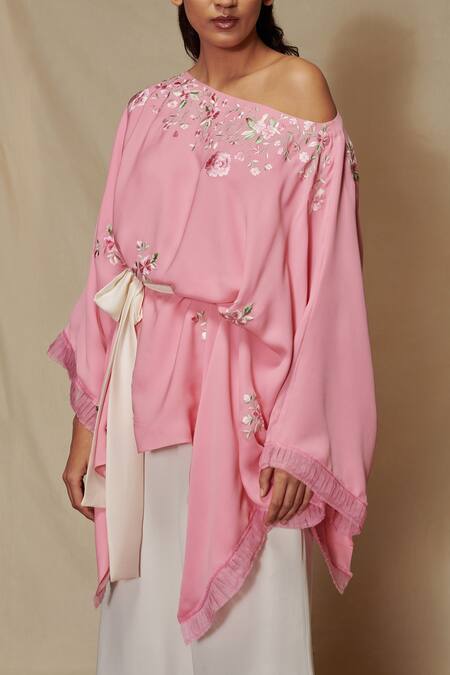 Shop Shriya Som Pink Crepe Georgette Floral Motifs One Shoulder Embroidered Kaftan Top Online at Aza Fashions Shop_Shriya Som_Pink Crepe Georgette Floral Motifs One Shoulder Embroidered Kaftan Top _Online_at_Aza_Fashions