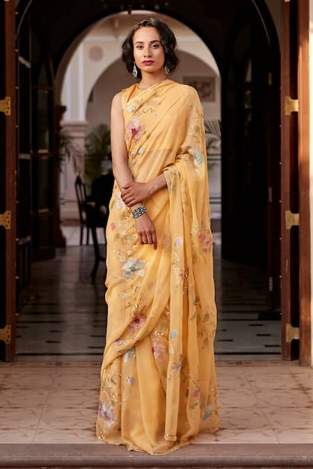 Pre-Order: Mustard Yellow Pure Tussar Georgette Silk Banarasi Handloom -  Tilfi