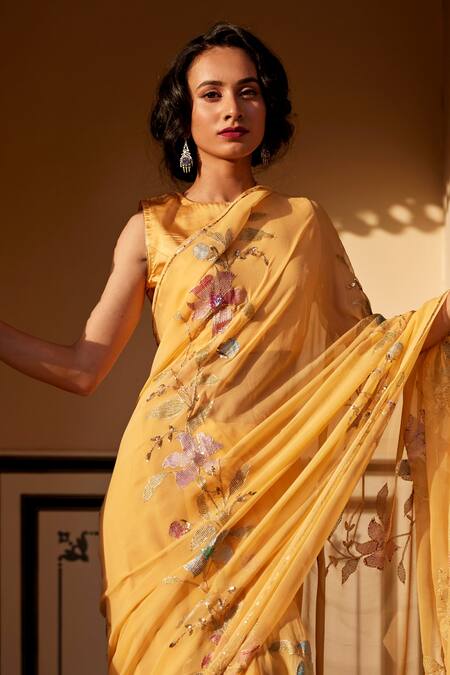 Atelier Shikaarbagh_Yellow Blouse - Plain Silk Satin, Saree - French Georgette Floral Embellished_Online_at_Aza_Fashions