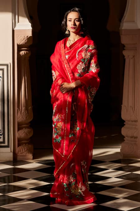 Atelier Shikaarbagh Red Saree - French Silk Organza Embroidery Shell Sequin Floral 