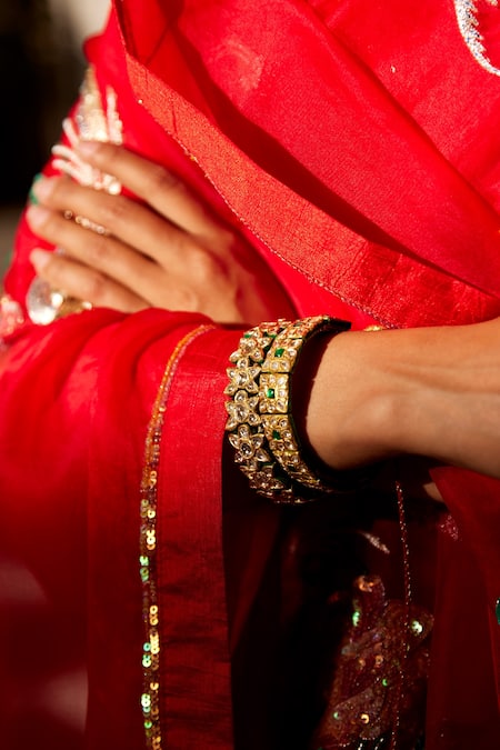 Buy_Atelier Shikaarbagh_Red Saree - French Silk Organza Embroidery Shell Sequin Floral _Online_at_Aza_Fashions