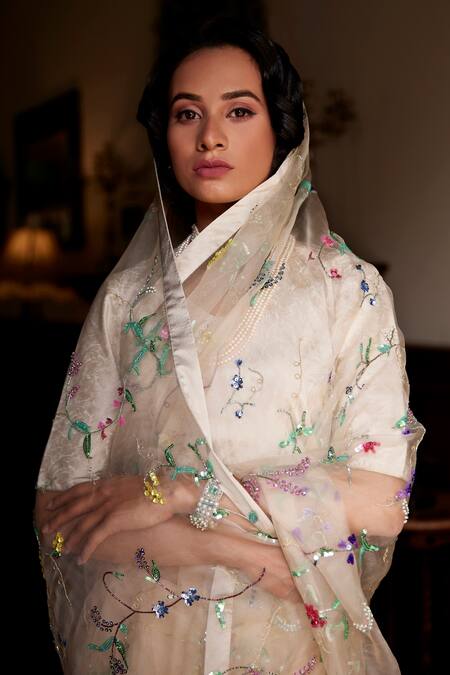 Atelier Shikaarbagh_White Blouse - Plain Satin, Saree - French Organza Floral, Embroidered_Online_at_Aza_Fashions