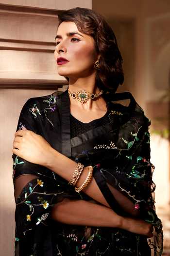 Buy_Atelier Shikaarbagh_Black Blouse - Plain Satin, Saree - French Organza Floral, Embroidered_Online_at_Aza_Fashions