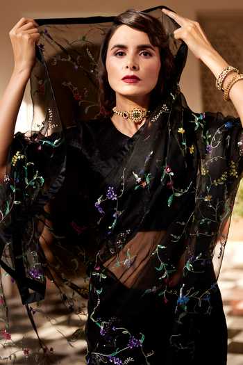 Shop_Atelier Shikaarbagh_Black Blouse - Plain Satin, Saree - French Organza Floral, Embroidered_Online_at_Aza_Fashions
