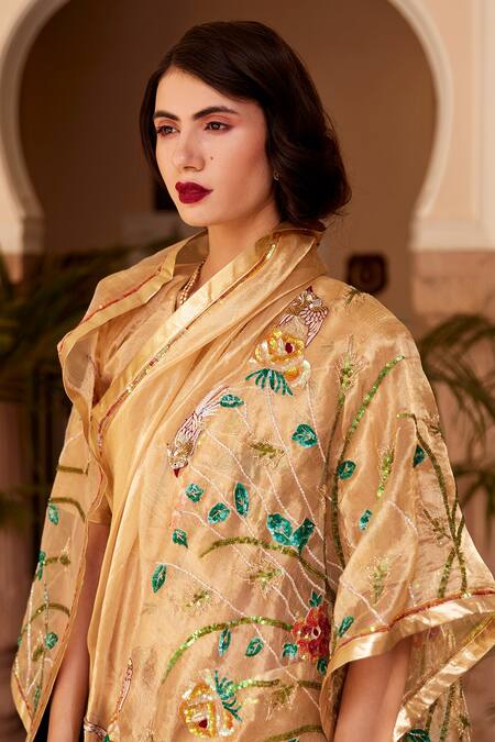 Atelier Shikaarbagh_Gold Blouse - Plain Satin, Saree - Tissue Floral, Bees, Shell Sequin Embroidered_Online_at_Aza_Fashions