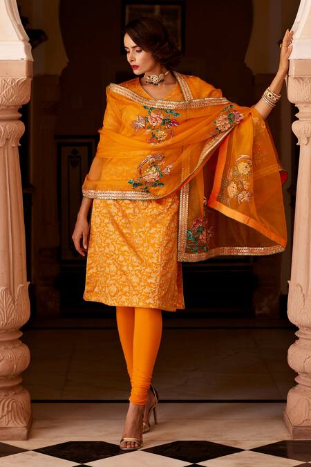Shop Atelier Shikaarbagh Yellow Churidaar -silk Satin, Dupatta - Organza, Kurta - Banarasi Woven Set at Aza Fashions Shop_Atelier Shikaarbagh_Yellow Churidaar -silk Satin, Dupatta - Organza, Kurta - Banarasi Woven Set_at_Aza_Fashions
