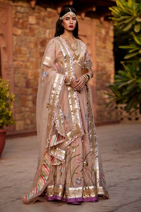 Shop Atelier Shikaarbagh Pink Organza, Brocade Bird, Floral, Brocade, Embroidered Bridal Lehenga Set at Aza Fashions Shop_Atelier Shikaarbagh_Pink Organza, Brocade Bird, Floral, Brocade, Embroidered Bridal Lehenga Set _at_Aza_Fashions