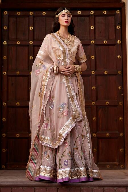 Atelier Shikaarbagh Pink Organza, Brocade Bird, Floral, Brocade, Embroidered Bridal Lehenga Set Online at Aza Fashions Atelier Shikaarbagh_Pink Organza, Brocade Bird, Floral, Brocade, Embroidered Bridal Lehenga Set _Online_at_Aza_Fashions