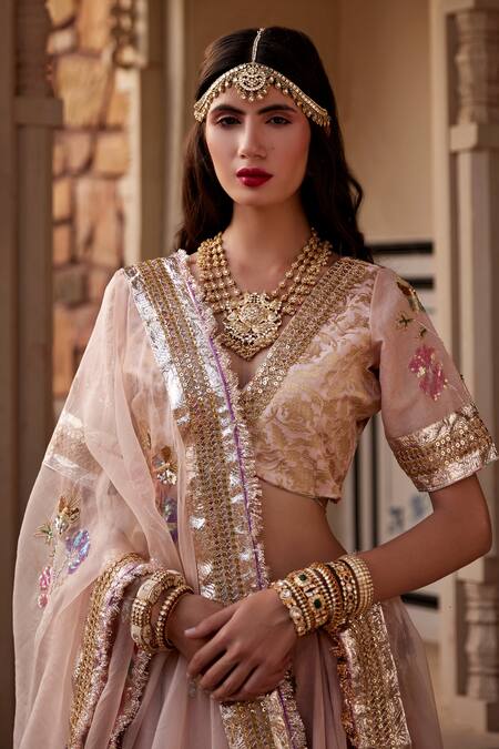 Atelier Shikaarbagh Pink Organza, Brocade Bird, Floral, Brocade, Embroidered Bridal Lehenga Set at Aza Fashions Atelier Shikaarbagh_Pink Organza, Brocade Bird, Floral, Brocade, Embroidered Bridal Lehenga Set _at_Aza_Fashions