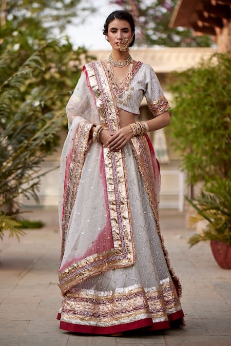 Buy Lehnga Choli -Off White And Red Zari Embroidered Wedding Lehenga Choli