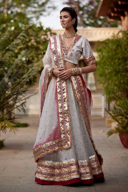 Shop Atelier Shikaarbagh White Organza, Georgette Sequin V Neck Embellished Bridal Lehenga Set at Aza Fashions Shop_Atelier Shikaarbagh_White Organza, Georgette Sequin V Neck Embellished Bridal Lehenga Set_at_Aza_Fashions