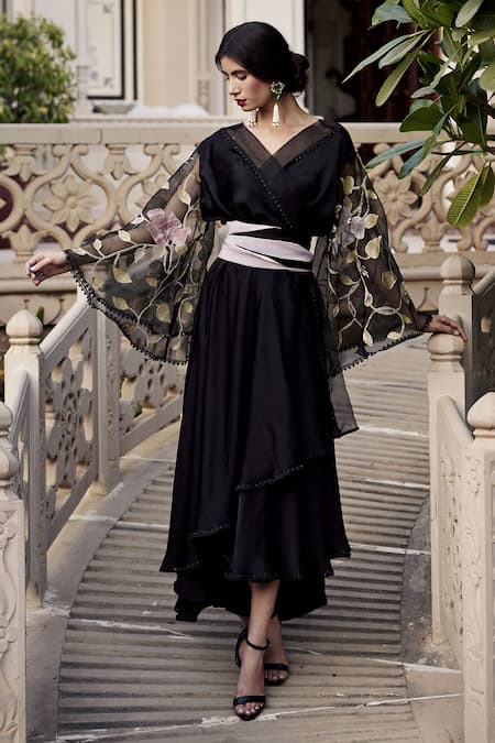 Buy Black Silk Satin Embellished Floral V Neck Sleeve Embroidered