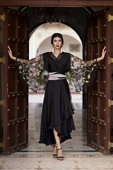 Buy Atelier Shikaarbagh Black Silk Satin Floral V Neck Sleeve Embroidered Dress Online at Aza Fashions Buy_Atelier Shikaarbagh_Black Silk Satin Floral V Neck Sleeve Embroidered Dress _Online_at_Aza_Fashions