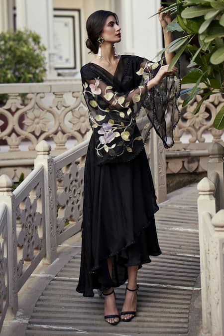 Shop Atelier Shikaarbagh Black Silk Satin Floral V Neck Sleeve Embroidered Dress Online at Aza Fashions Shop_Atelier Shikaarbagh_Black Silk Satin Floral V Neck Sleeve Embroidered Dress _Online_at_Aza_Fashions