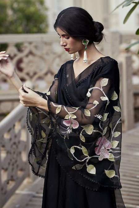 Atelier Shikaarbagh Black Silk Satin Floral V Neck Sleeve Embroidered Dress at Aza Fashions Atelier Shikaarbagh_Black Silk Satin Floral V Neck Sleeve Embroidered Dress _at_Aza_Fashions