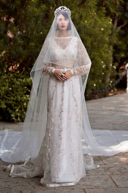 Atelier Shikaarbagh White Organza, Satin Floral Round Embroidered Gown Online at Aza Fashions Atelier Shikaarbagh_White Organza, Satin Floral Round Embroidered Gown _Online_at_Aza_Fashions