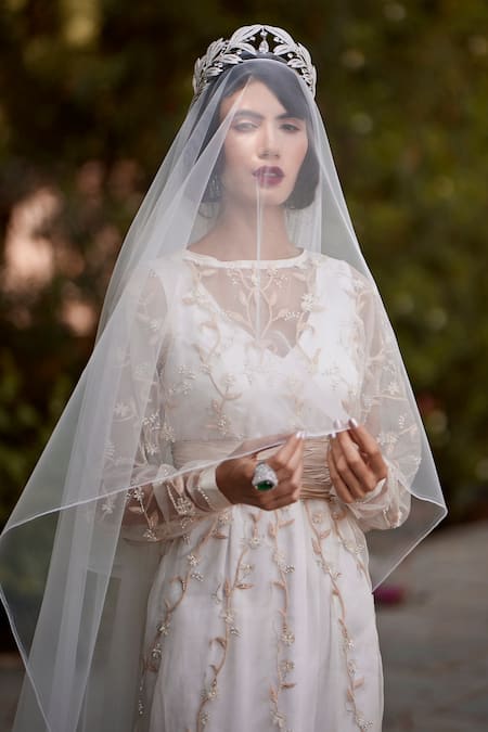 Buy Atelier Shikaarbagh White Organza, Satin Floral Round Embroidered Gown Online at Aza Fashions Buy_Atelier Shikaarbagh_White Organza, Satin Floral Round Embroidered Gown _Online_at_Aza_Fashions