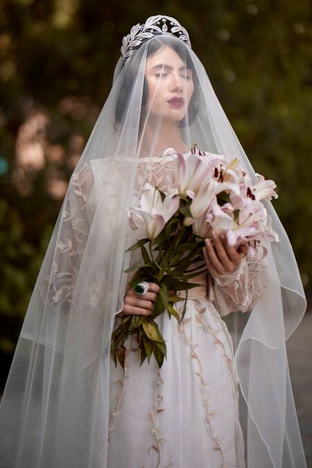 Shop Atelier Shikaarbagh White Organza, Satin Floral Round Embroidered Gown Online at Aza Fashions Shop_Atelier Shikaarbagh_White Organza, Satin Floral Round Embroidered Gown _Online_at_Aza_Fashions