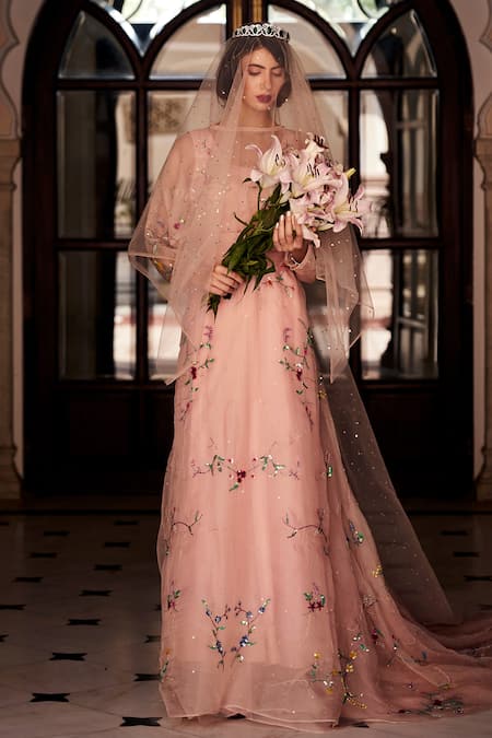 Atelier Shikaarbagh Pink Organza, Satin Floral Round Embroidered Gown Online at Aza Fashions Atelier Shikaarbagh_Pink Organza, Satin Floral Round Embroidered Gown _Online_at_Aza_Fashions