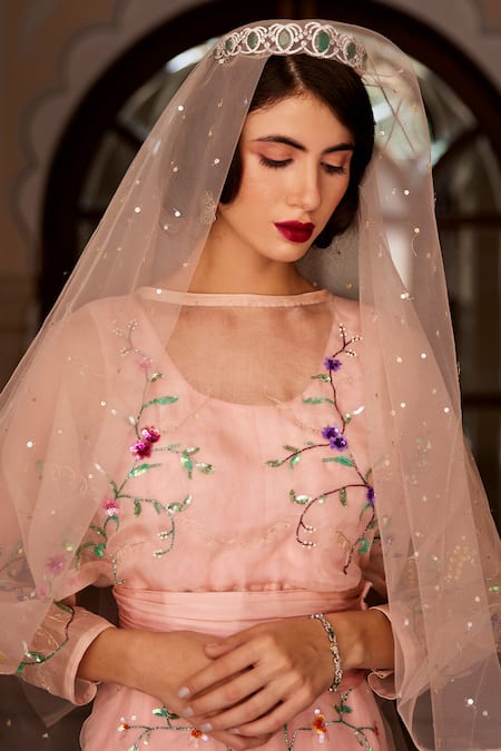 Shop Atelier Shikaarbagh Pink Organza, Satin Floral Round Embroidered Gown Online at Aza Fashions Shop_Atelier Shikaarbagh_Pink Organza, Satin Floral Round Embroidered Gown _Online_at_Aza_Fashions
